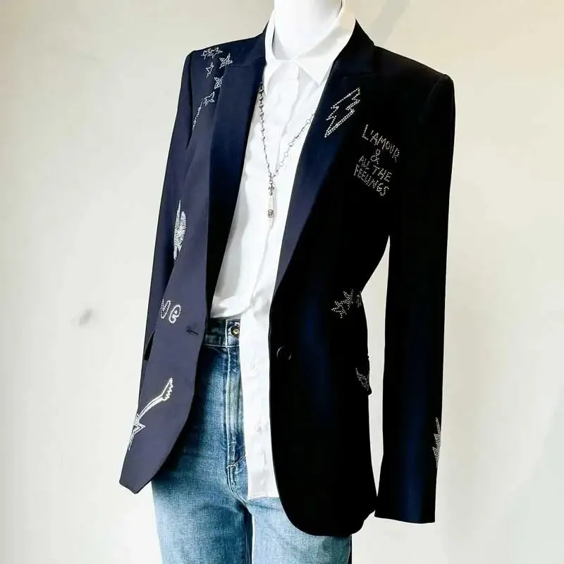 crystal-embellished blazer women peak lapels long sleeves two side flap pockets high fashion autumn winter blazers female