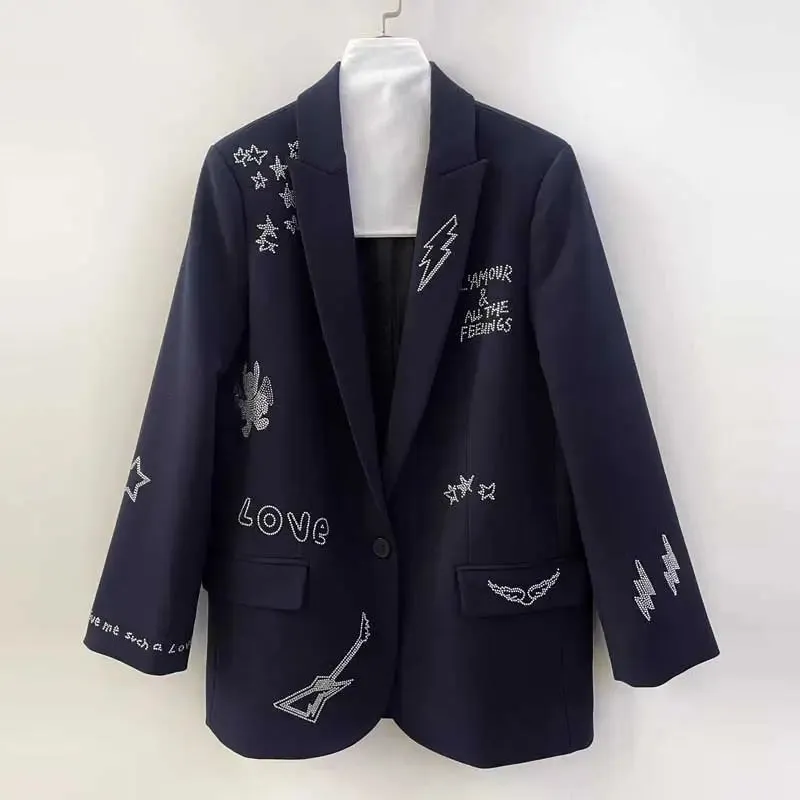 crystal-embellished blazer women peak lapels long sleeves two side flap pockets high fashion autumn winter blazers female