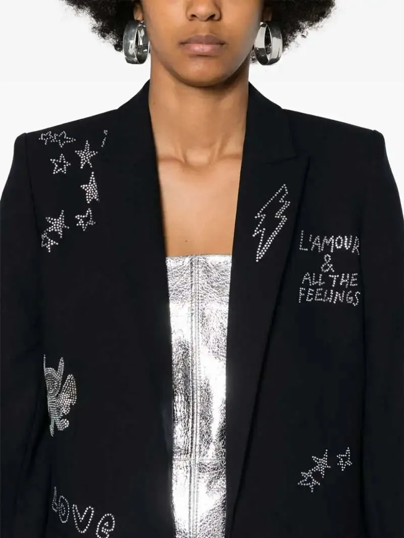 crystal-embellished blazer women peak lapels long sleeves two side flap pockets high fashion autumn winter blazers female