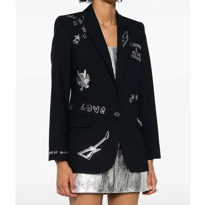 crystal-embellished blazer women peak lapels long sleeves two side flap pockets high fashion autumn winter blazers female