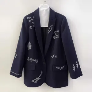 crystal-embellished blazer women peak lapels long sleeves two side flap pockets high fashion autumn winter blazers female