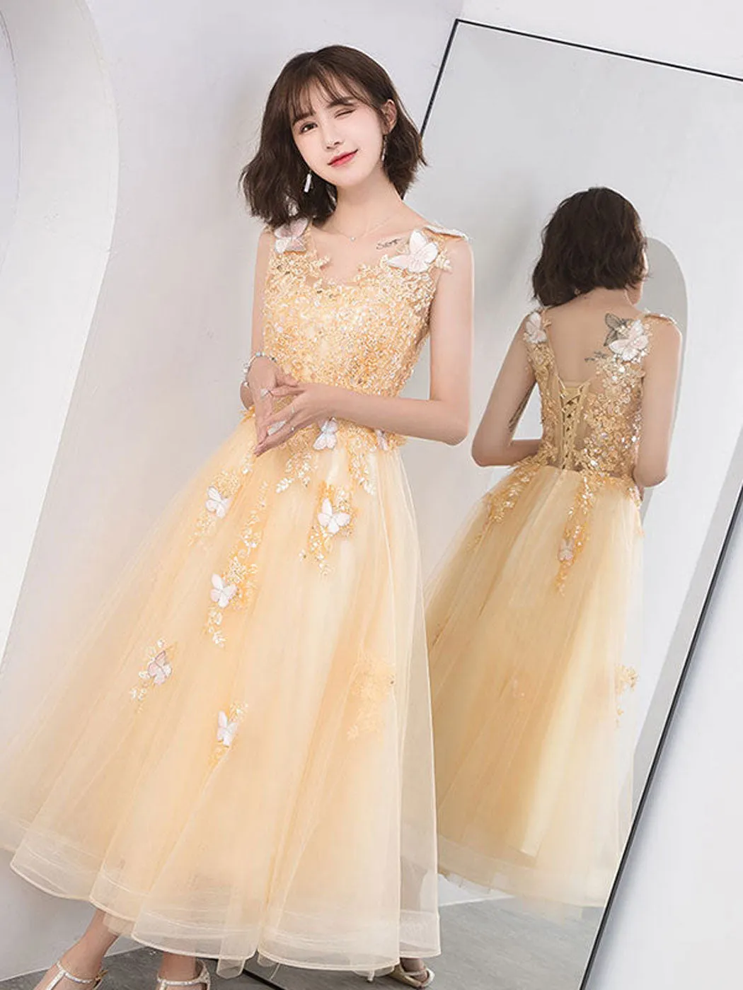 Cute v neck tulle lace tea length prom dress, champagne lace evening dress