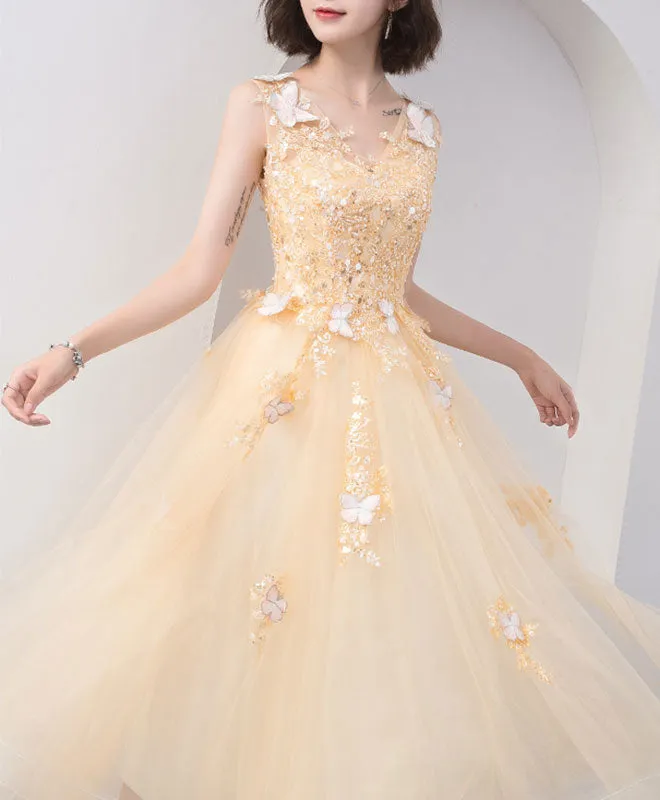 Cute v neck tulle lace tea length prom dress, champagne lace evening dress