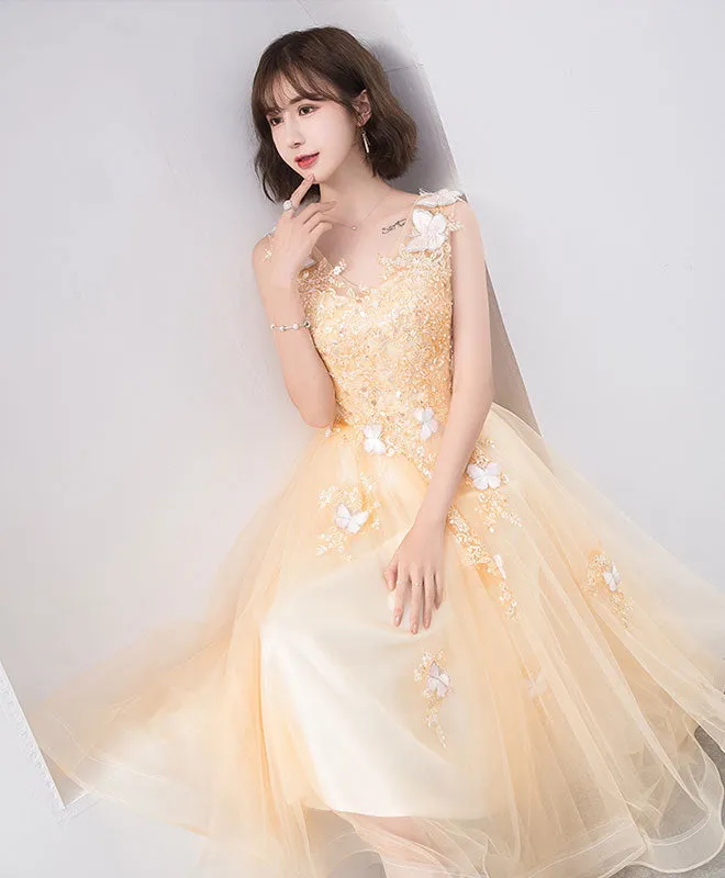 Cute v neck tulle lace tea length prom dress, champagne lace evening dress
