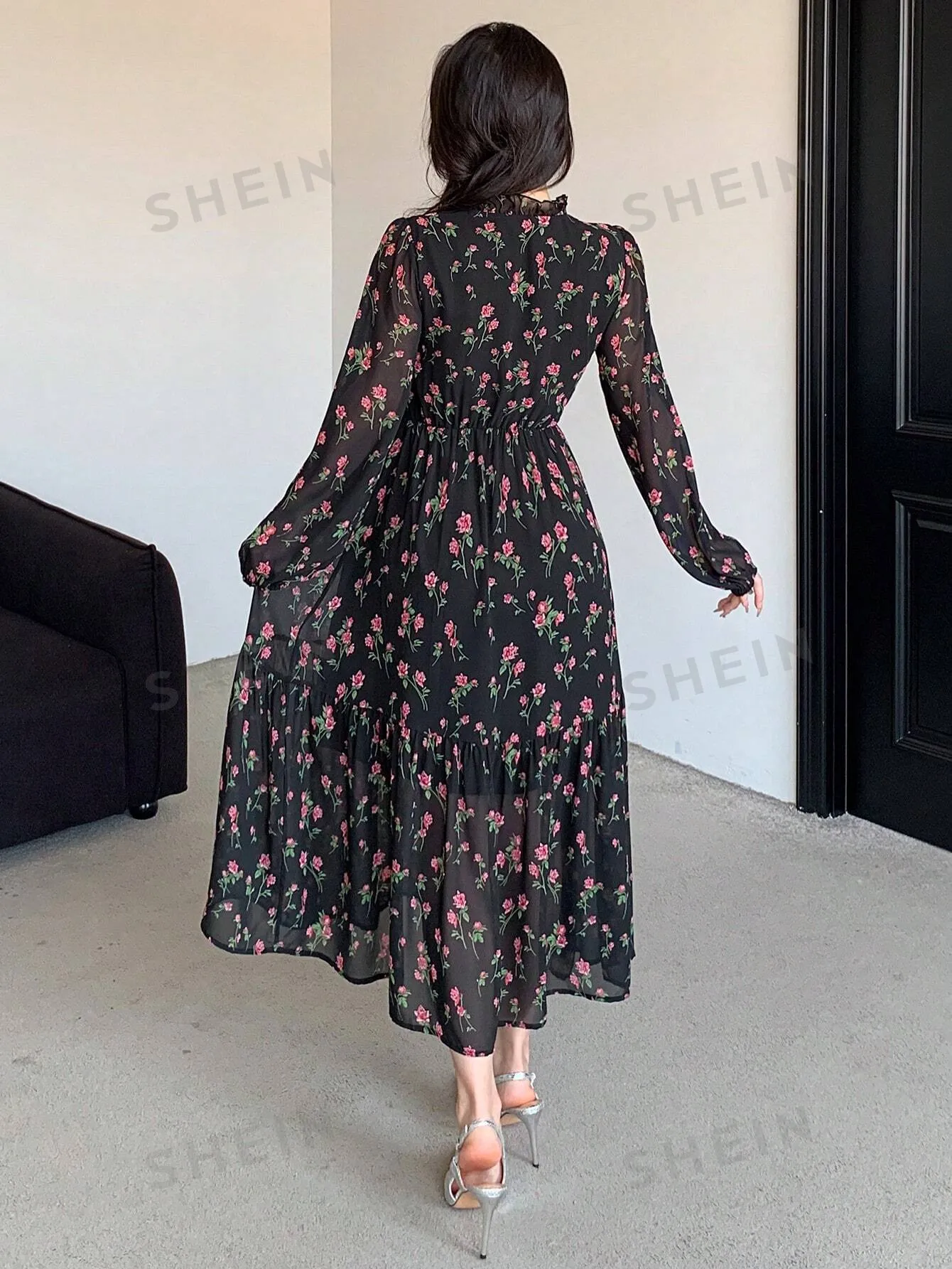 DAZY Chiffon Full Floral Print Long Sleeve Mid-Length Dress For Women