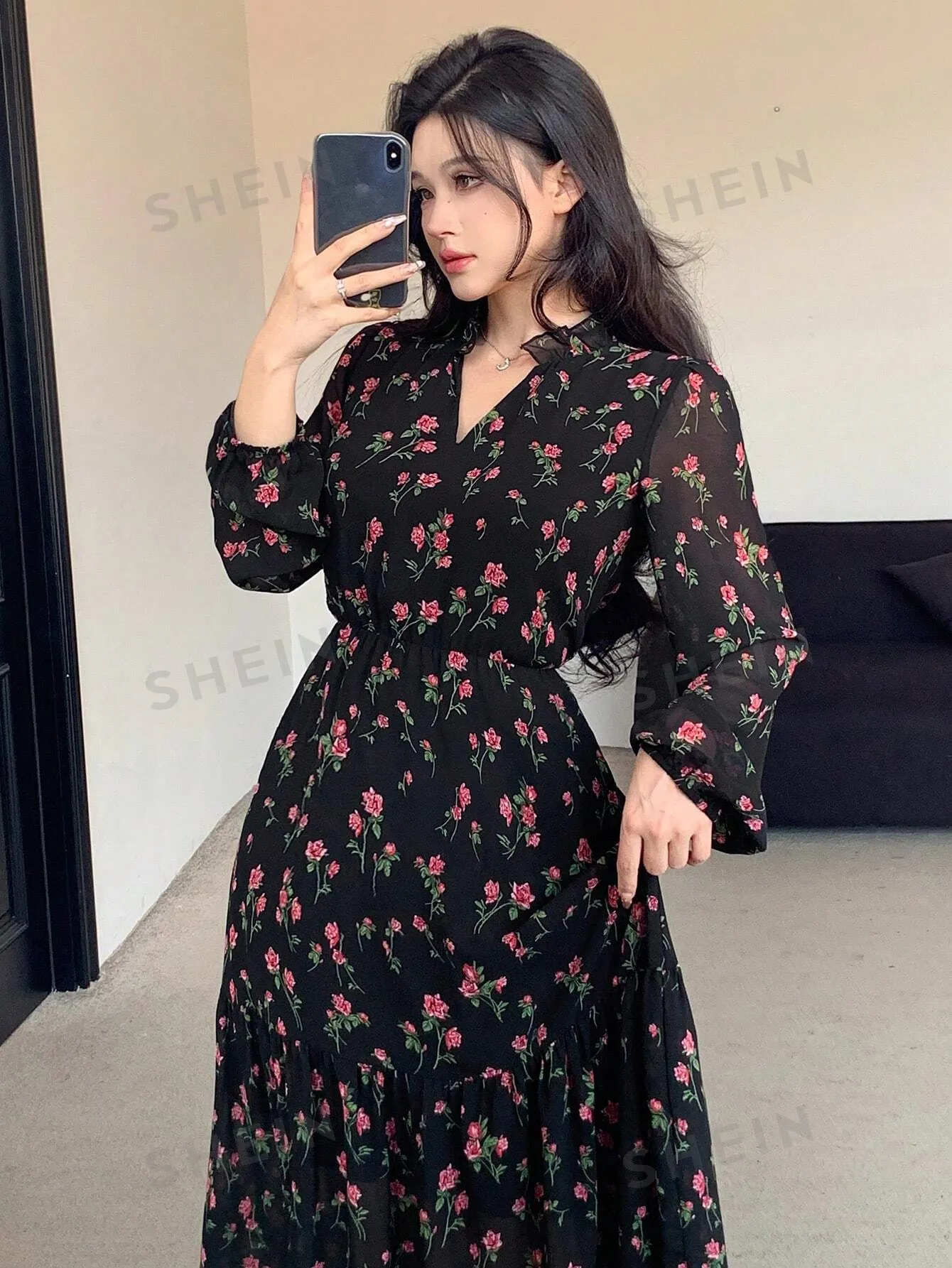 DAZY Chiffon Full Floral Print Long Sleeve Mid-Length Dress For Women
