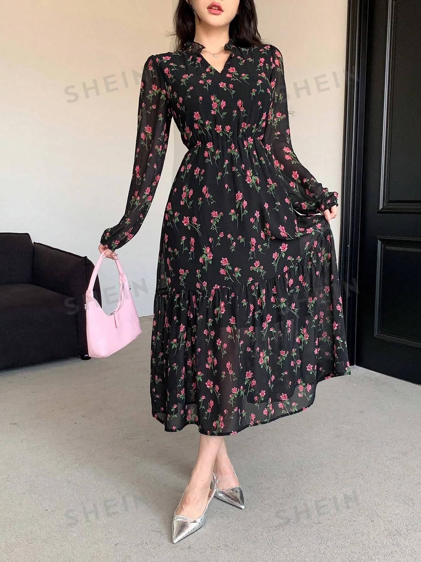 DAZY Chiffon Full Floral Print Long Sleeve Mid-Length Dress For Women