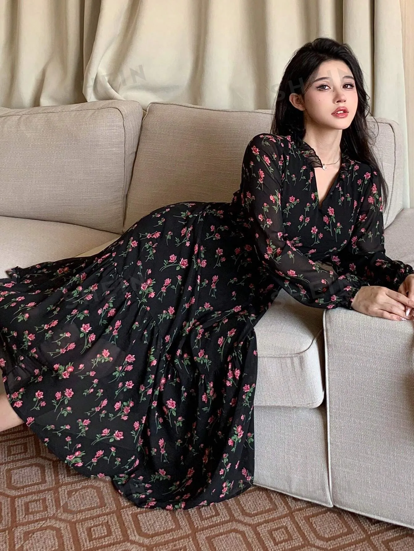 DAZY Chiffon Full Floral Print Long Sleeve Mid-Length Dress For Women