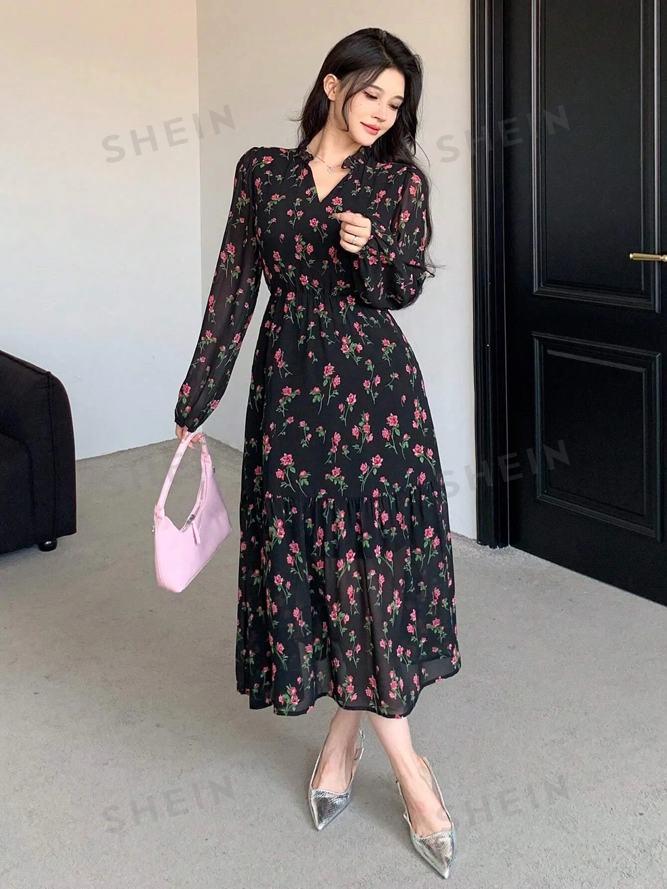 DAZY Chiffon Full Floral Print Long Sleeve Mid-Length Dress For Women