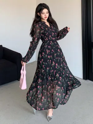DAZY Chiffon Full Floral Print Long Sleeve Mid-Length Dress For Women