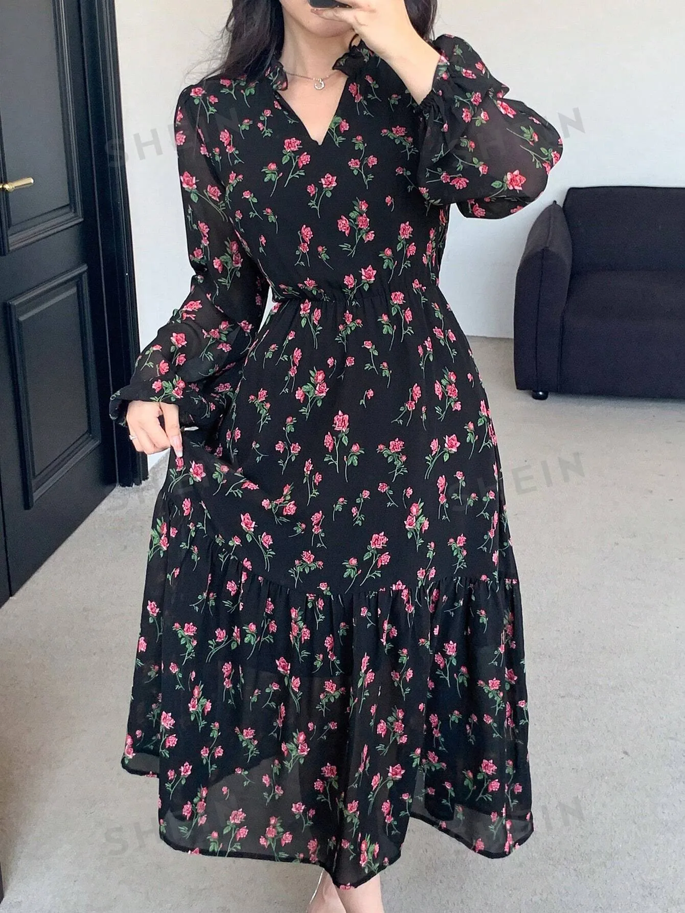 DAZY Chiffon Full Floral Print Long Sleeve Mid-Length Dress For Women