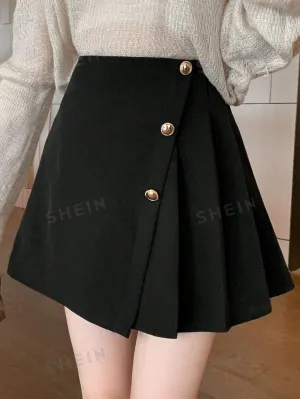 DAZY Solid Color Asymmetric Pleated Front Button Closure Elegant, Black Skirt For Women