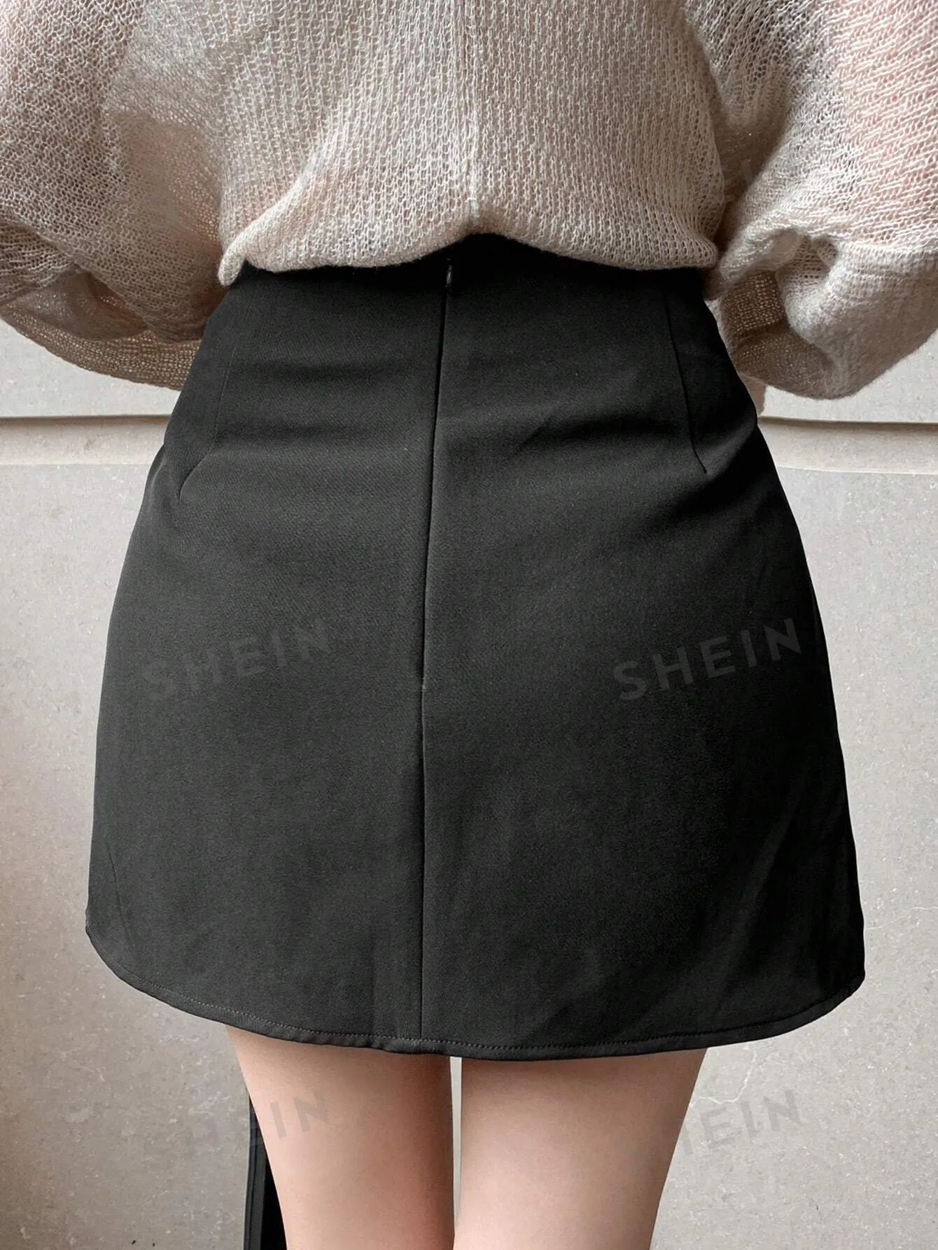 DAZY Solid Color Asymmetric Pleated Front Button Closure Elegant, Black Skirt For Women