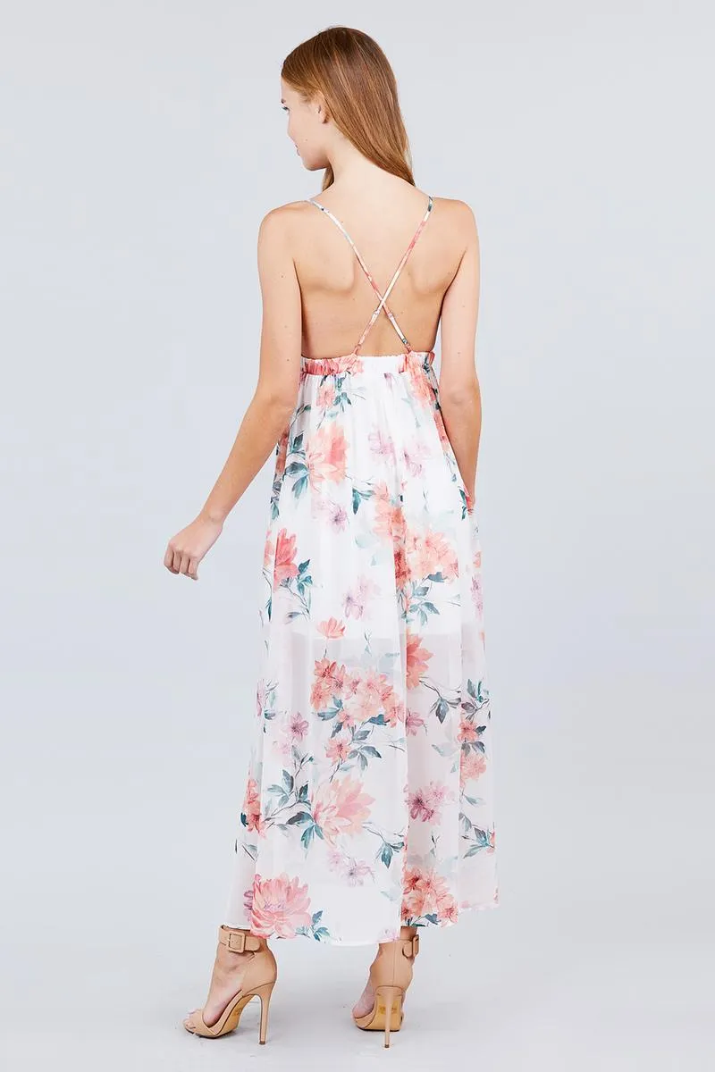 Deep V-neck W/cross Strap Print Maxi Dress
