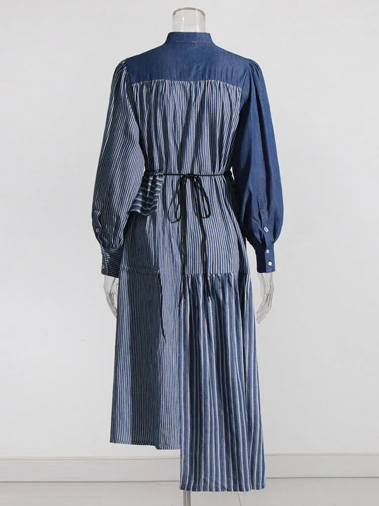 Denim Patchwork Stripes Maxi Dresses