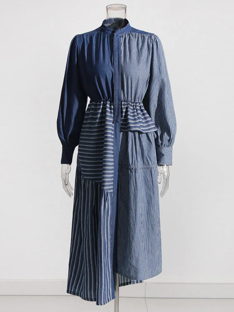 Denim Patchwork Stripes Maxi Dresses
