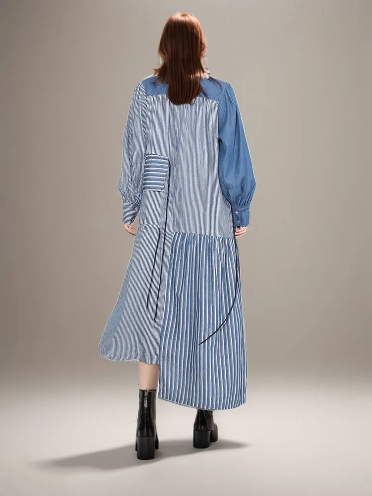 Denim Patchwork Stripes Maxi Dresses