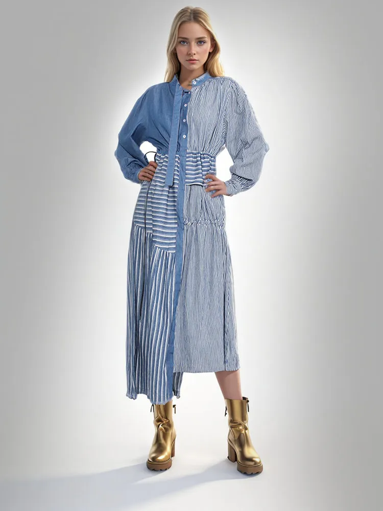 Denim Patchwork Stripes Maxi Dresses