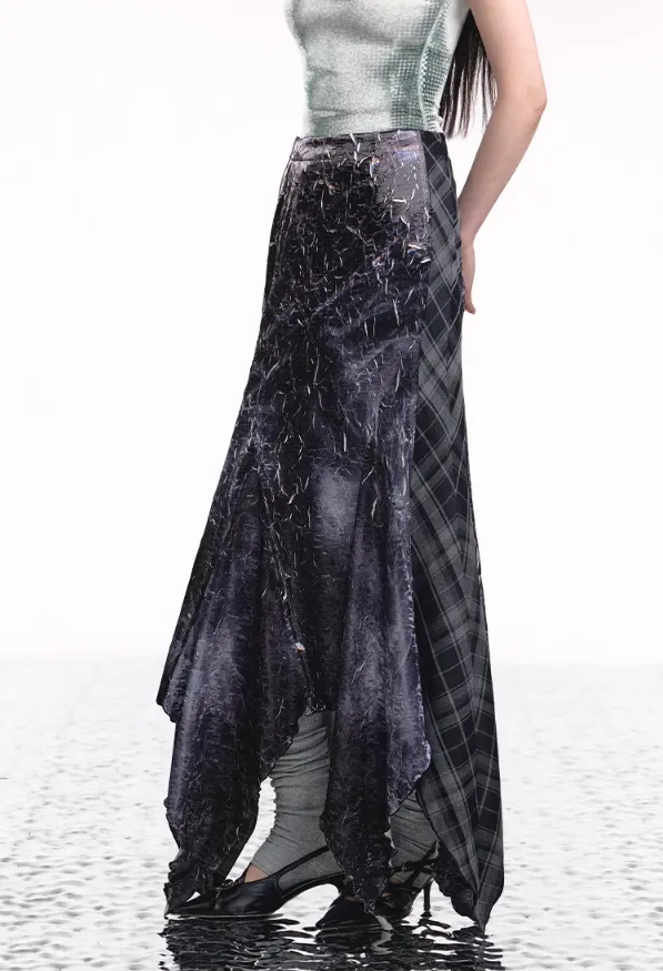 Denim Plaid Asymmetrical Skirt