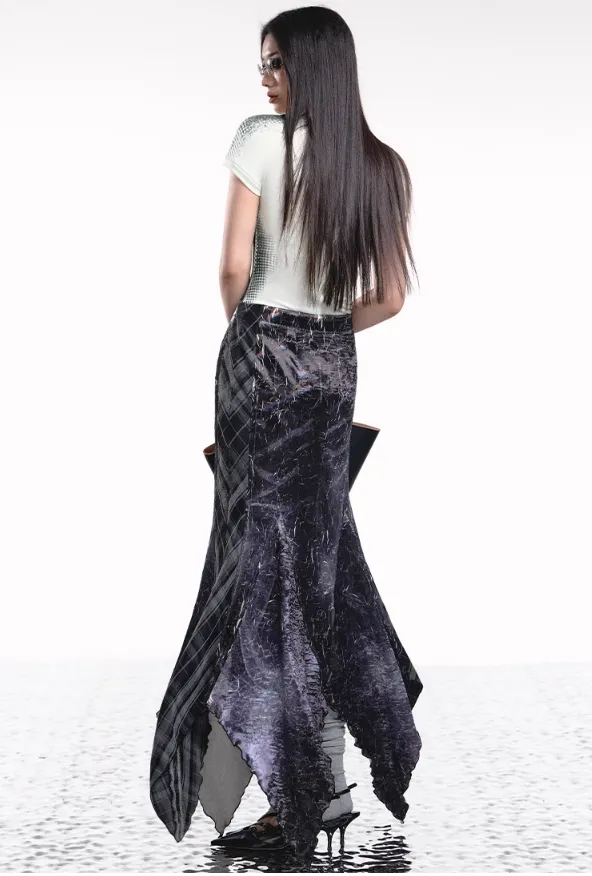 Denim Plaid Asymmetrical Skirt