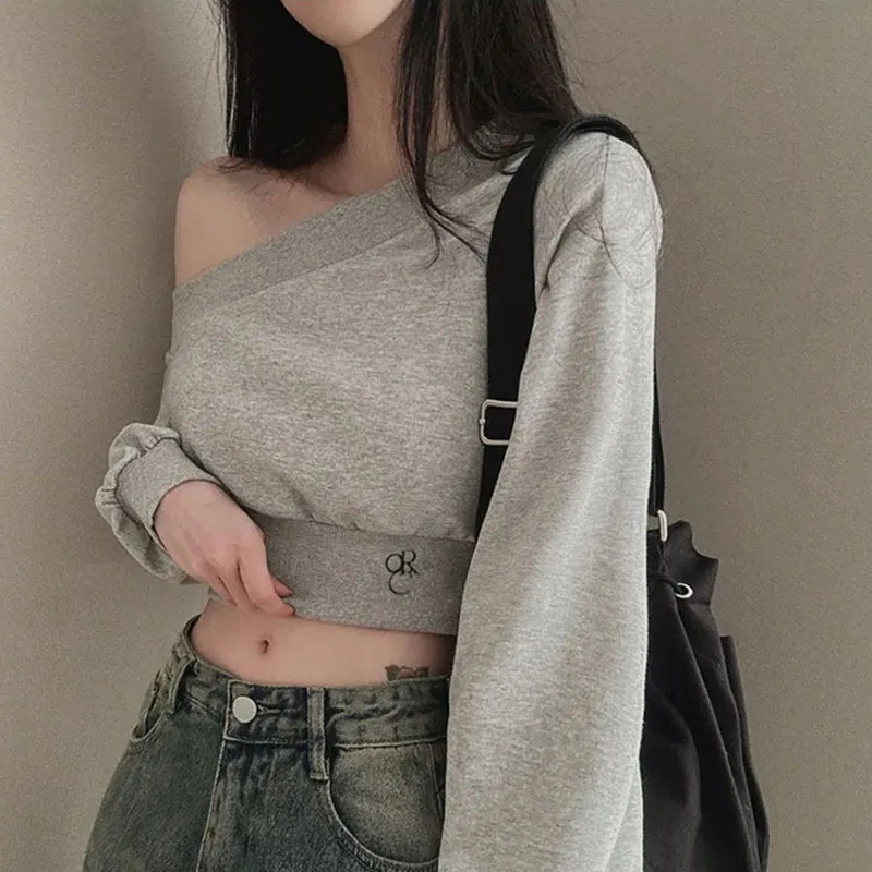 Designer Personality Irregular Asymmetrical Collar Off-Shoulder Waist-Cinching Slimming Versatile Short-Sleeved Long Sleeve Knitted Top.C-241018-5