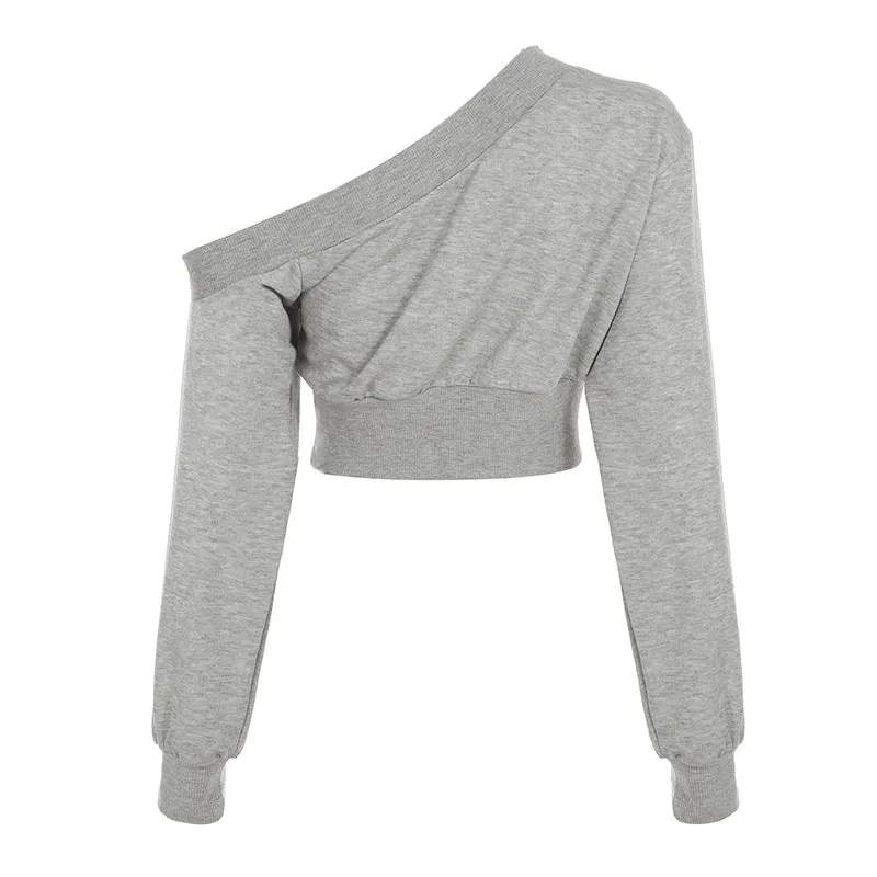 Designer Personality Irregular Asymmetrical Collar Off-Shoulder Waist-Cinching Slimming Versatile Short-Sleeved Long Sleeve Knitted Top.C-241018-5