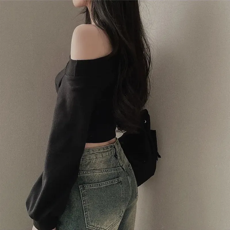 Designer Personality Irregular Asymmetrical Collar Off-Shoulder Waist-Cinching Slimming Versatile Short-Sleeved Long Sleeve Knitted Top.C-241018-5