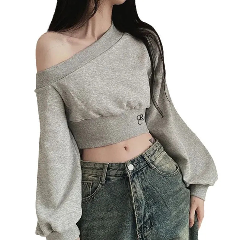 Designer Personality Irregular Asymmetrical Collar Off-Shoulder Waist-Cinching Slimming Versatile Short-Sleeved Long Sleeve Knitted Top.C-241018-5