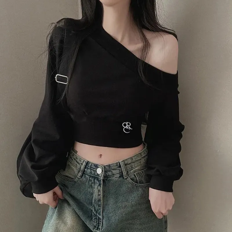 Designer Personality Irregular Asymmetrical Collar Off-Shoulder Waist-Cinching Slimming Versatile Short-Sleeved Long Sleeve Knitted Top.C-241018-5