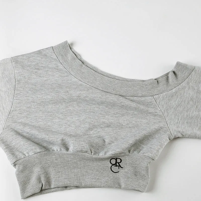 Designer Personality Irregular Asymmetrical Collar Off-Shoulder Waist-Cinching Slimming Versatile Short-Sleeved Long Sleeve Knitted Top.C-241018-5