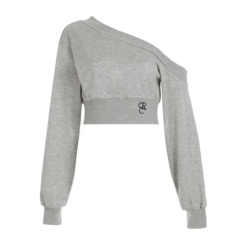 Designer Personality Irregular Asymmetrical Collar Off-Shoulder Waist-Cinching Slimming Versatile Short-Sleeved Long Sleeve Knitted Top.C-241018-5
