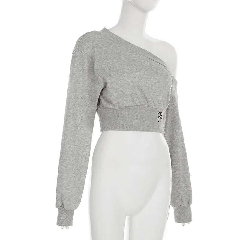 Designer Personality Irregular Asymmetrical Collar Off-Shoulder Waist-Cinching Slimming Versatile Short-Sleeved Long Sleeve Knitted Top.C-241018-5