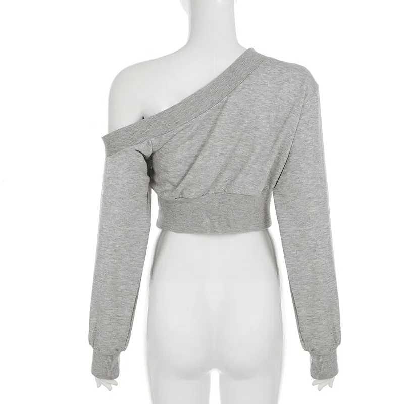 Designer Personality Irregular Asymmetrical Collar Off-Shoulder Waist-Cinching Slimming Versatile Short-Sleeved Long Sleeve Knitted Top.C-241018-5