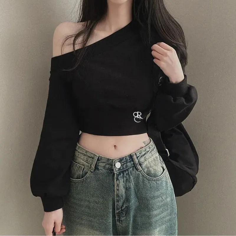 Designer Personality Irregular Asymmetrical Collar Off-Shoulder Waist-Cinching Slimming Versatile Short-Sleeved Long Sleeve Knitted Top.C-241018-5