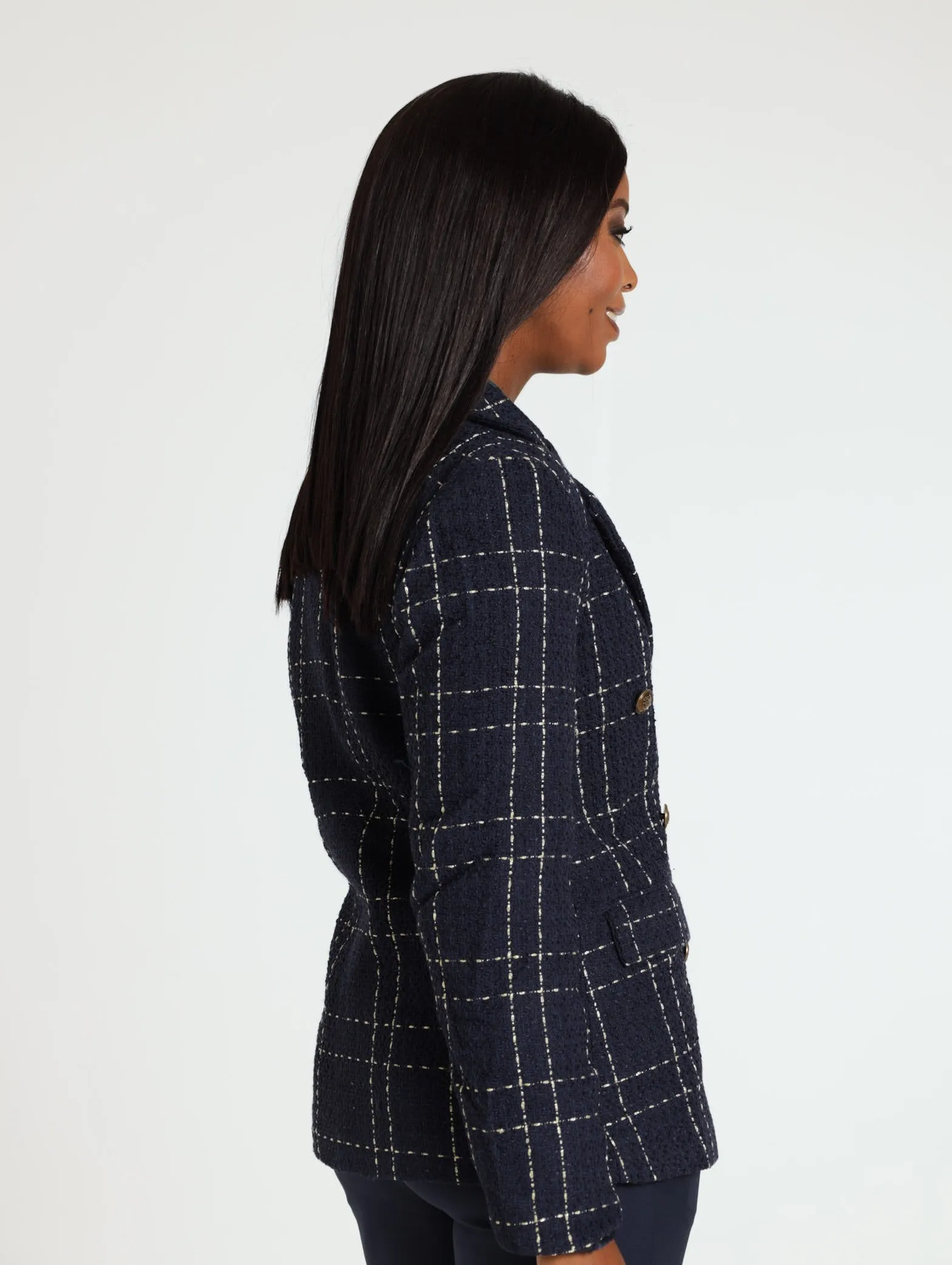 Double Breasted Tweed Blazer - Navy
