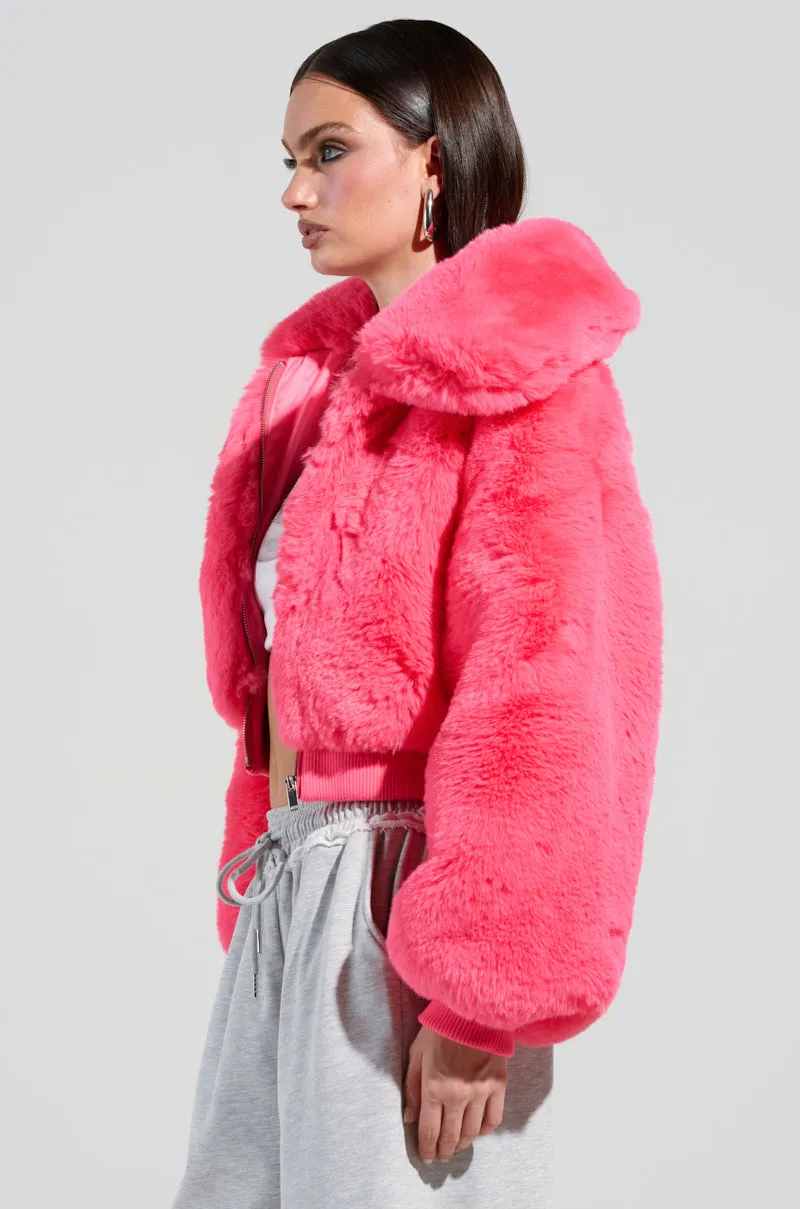 DREW FAUX FUR BOMBER IN HOT PINK