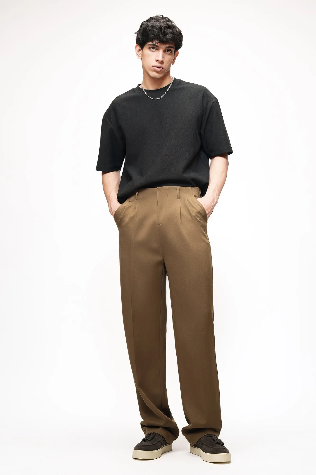 Earthy Brown Double Pleated Men's Straight Korean Pants