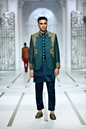 Edge Republic - BCW PC 48 Teal Green Prince Coat With Kora Daka Work With inner Waist Coat Add Kurta