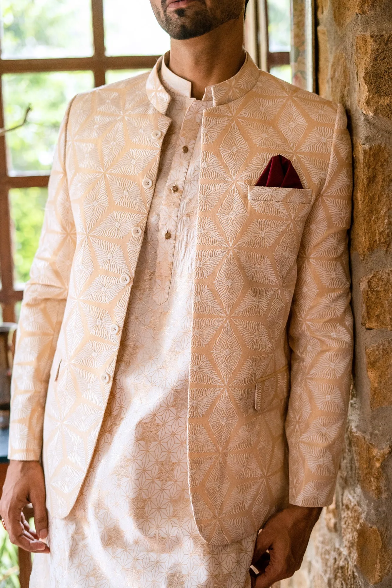 Edge Republic - ER 2075 White and Beige Gold Embroided Prince Coat For men