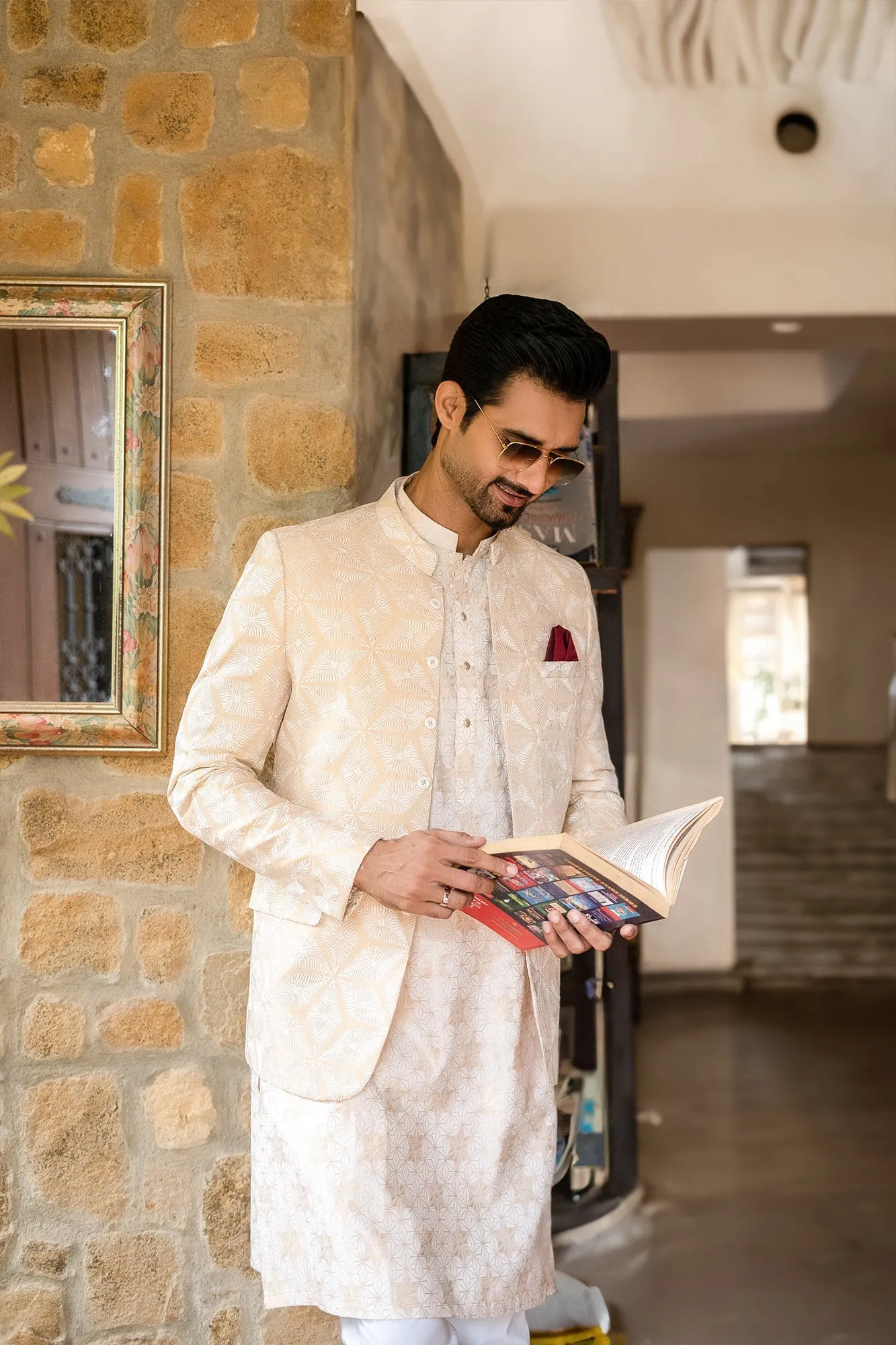 Edge Republic - ER 2075 White and Beige Gold Embroided Prince Coat For men