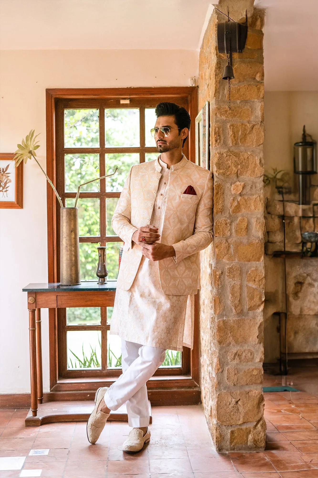 Edge Republic - ER 2075 White and Beige Gold Embroided Prince Coat For men