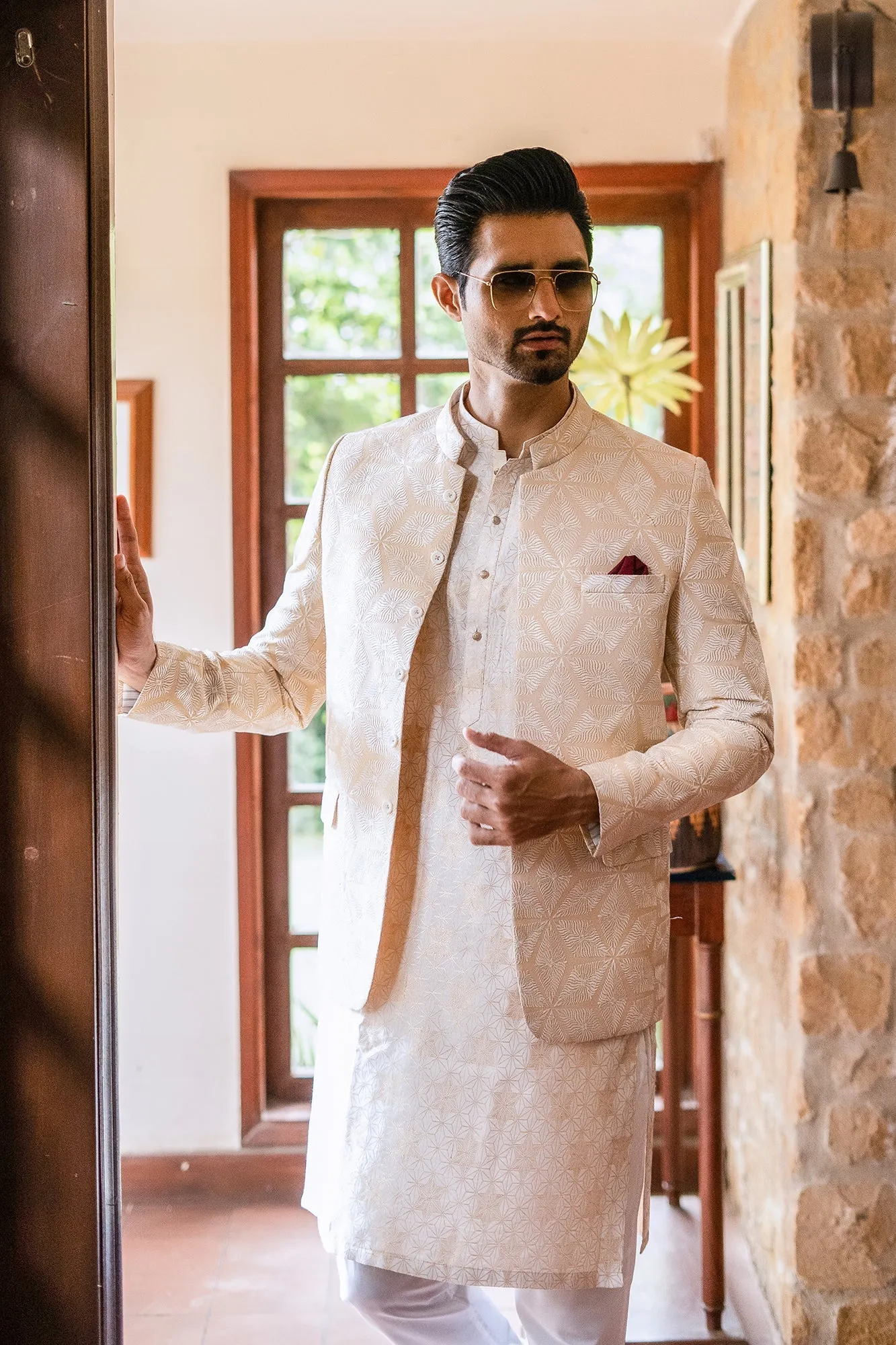 Edge Republic - ER 2075 White and Beige Gold Embroided Prince Coat For men