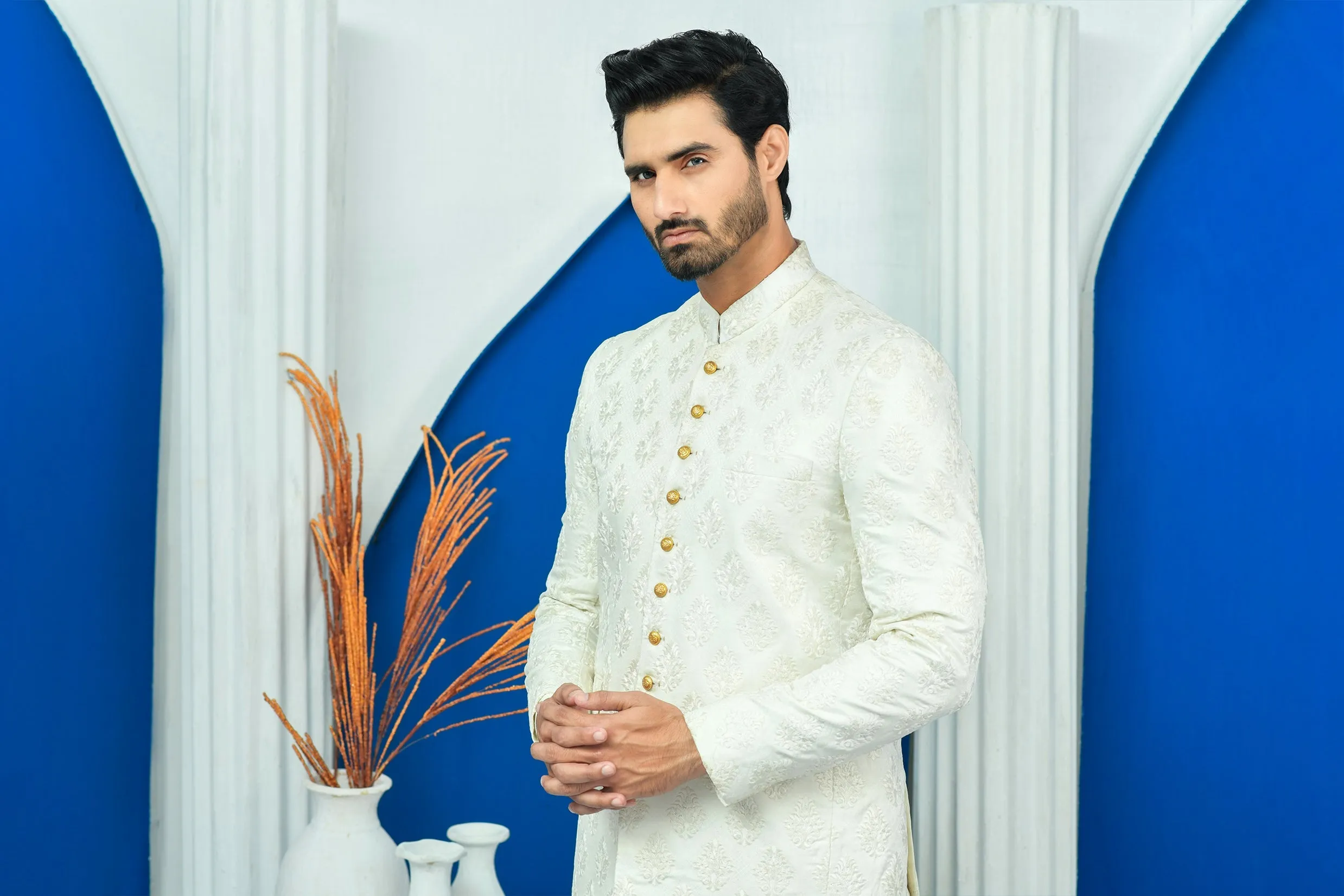 Edge Republic - ER PC 2025 White Jamawar Boti Work Prince Coat