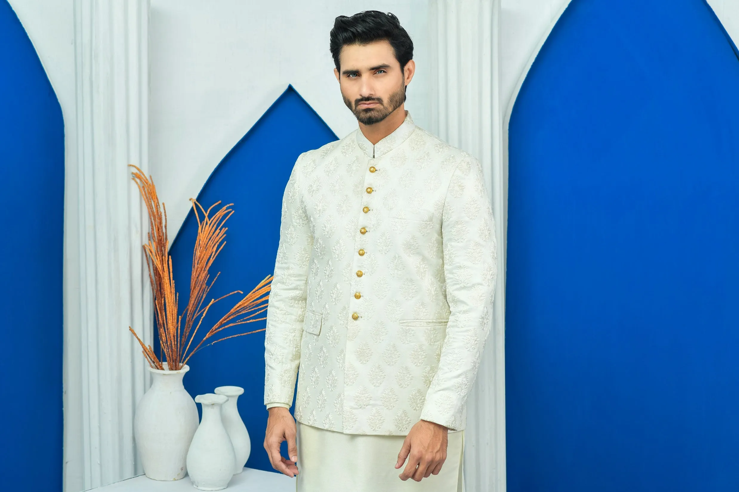 Edge Republic - ER PC 2025 White Jamawar Boti Work Prince Coat