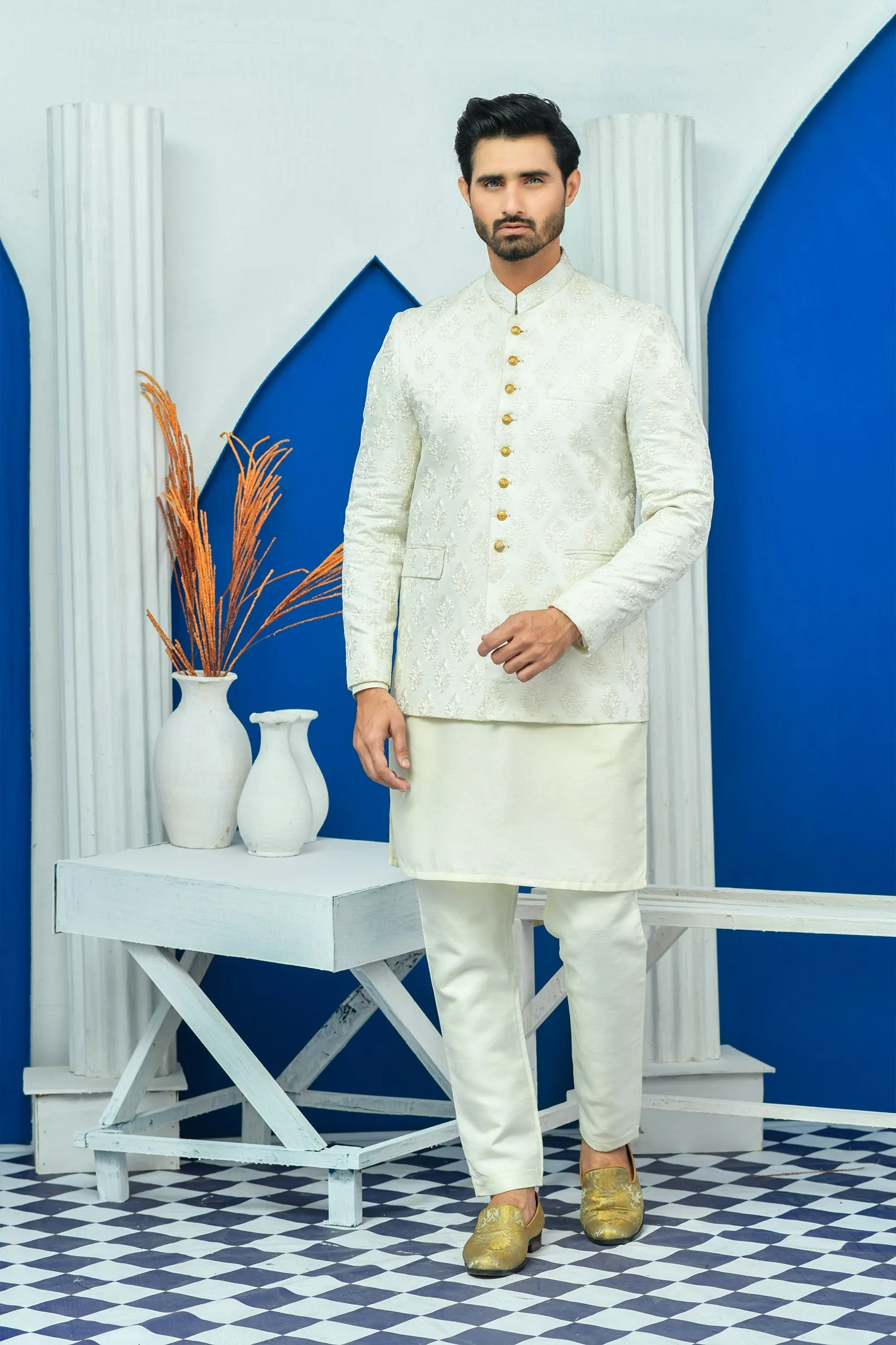 Edge Republic - ER PC 2025 White Jamawar Boti Work Prince Coat