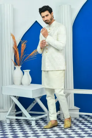 Edge Republic - ER PC 2025 White Jamawar Boti Work Prince Coat