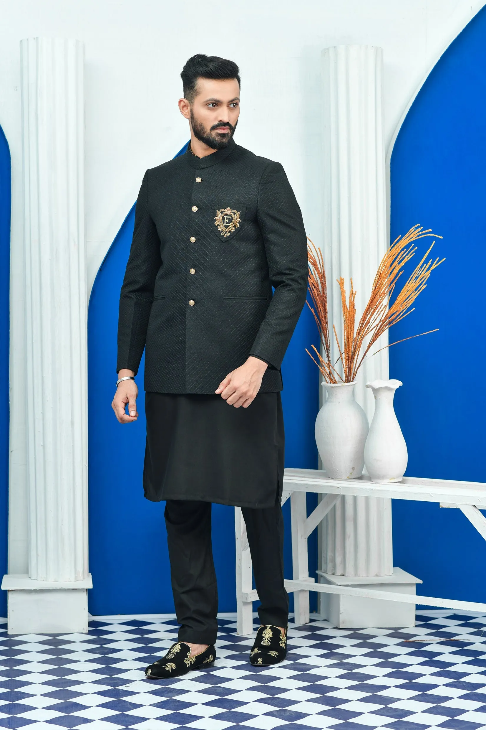 Edge Republic - ER PC 2028 Black Exclusive Tropical Checkered Prince Coat with Front Logo