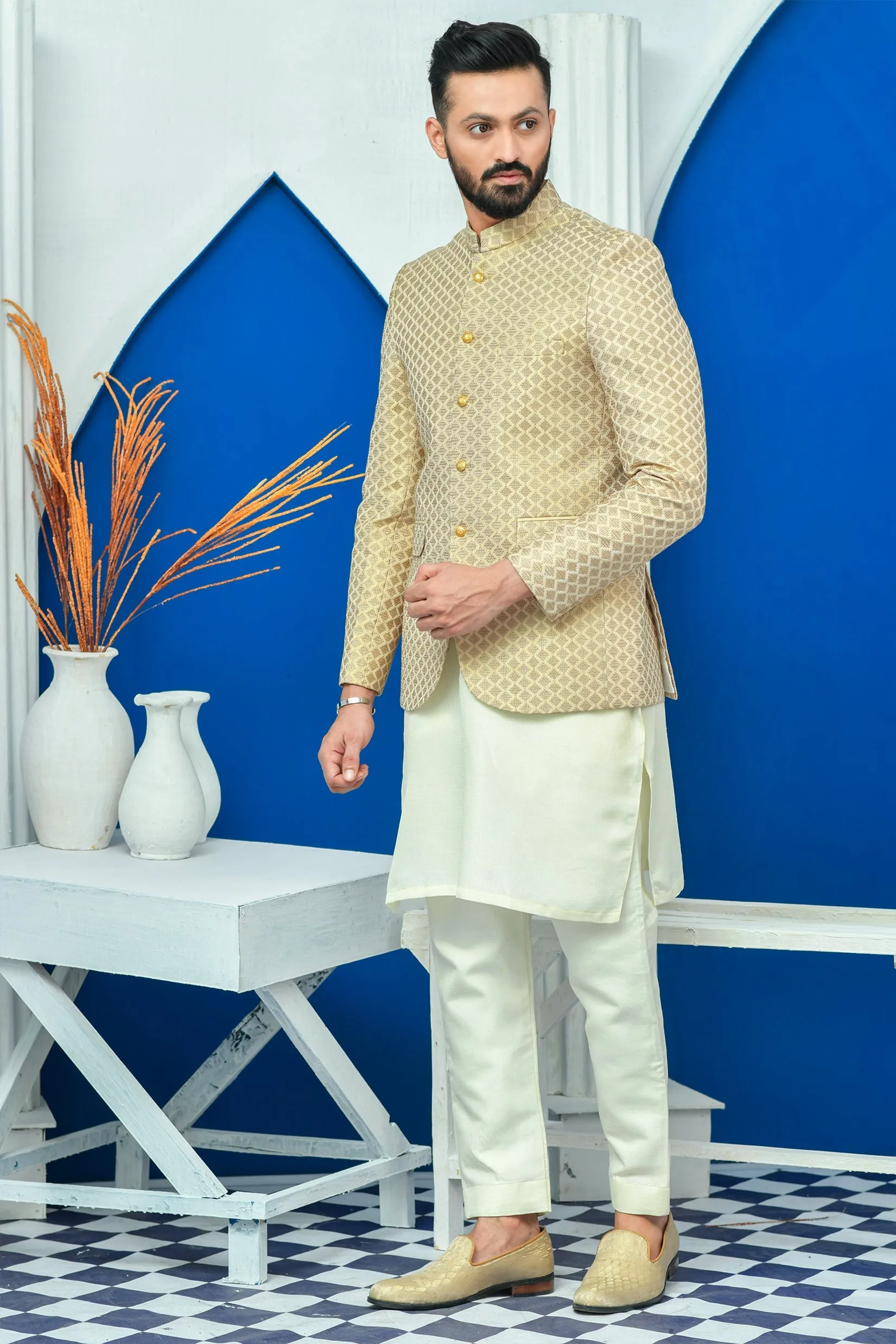 Edge Republic - ER PC 2032 Beige Diagonal Embroided Prince Coat