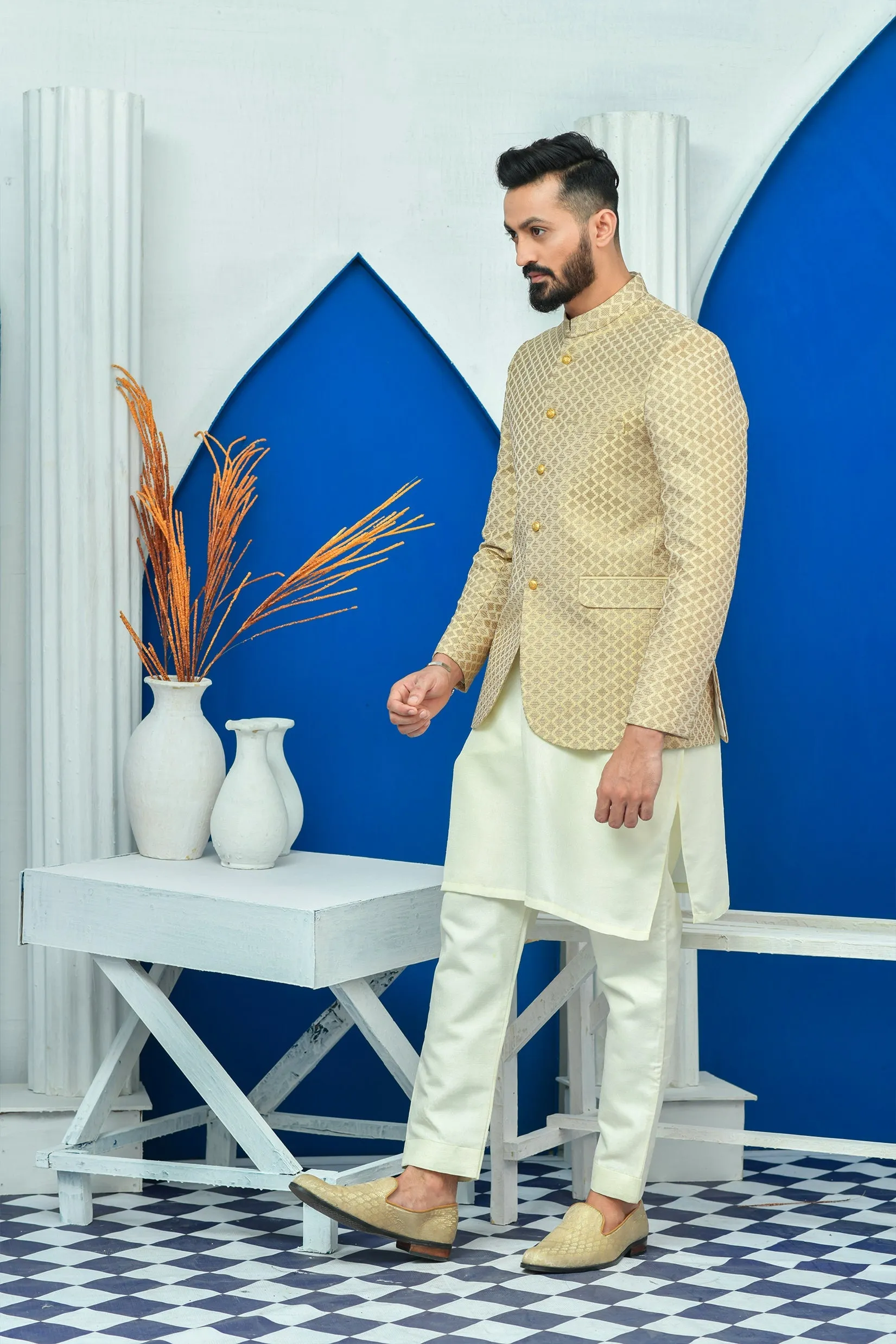 Edge Republic - ER PC 2032 Beige Diagonal Embroided Prince Coat