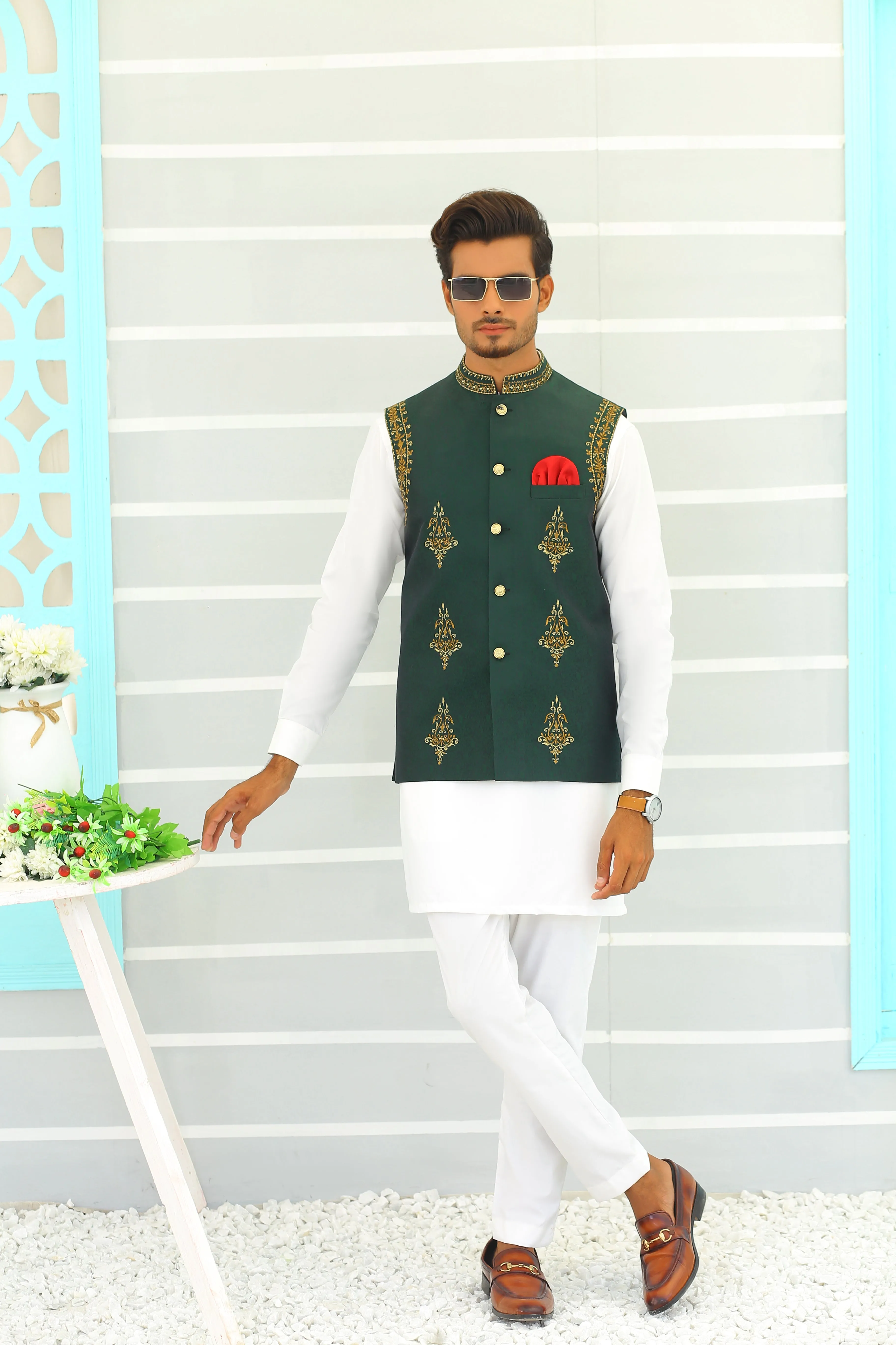 Edge Republic - ER WC 1061 Green Copper Embroidery Waistcoat